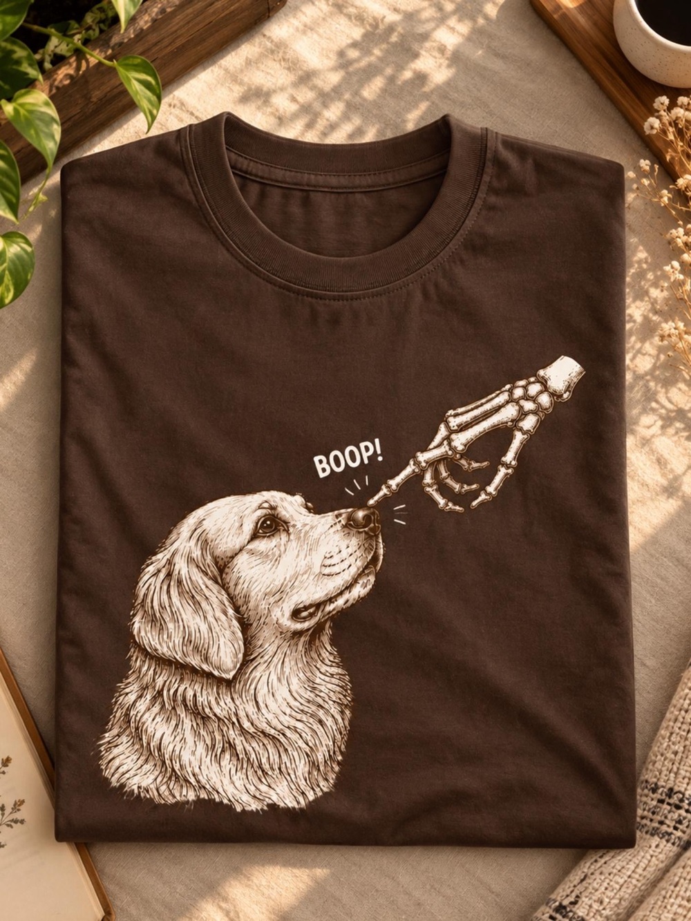 Boop! Brown Dog Graphic Tee, Cute Halloween Skeleton Shirt